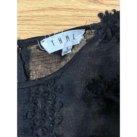 Anthropologie THML Matapolo Black Sheer Pom Fringe Blouse Size Small Boho Chic - Picture 5 of 5